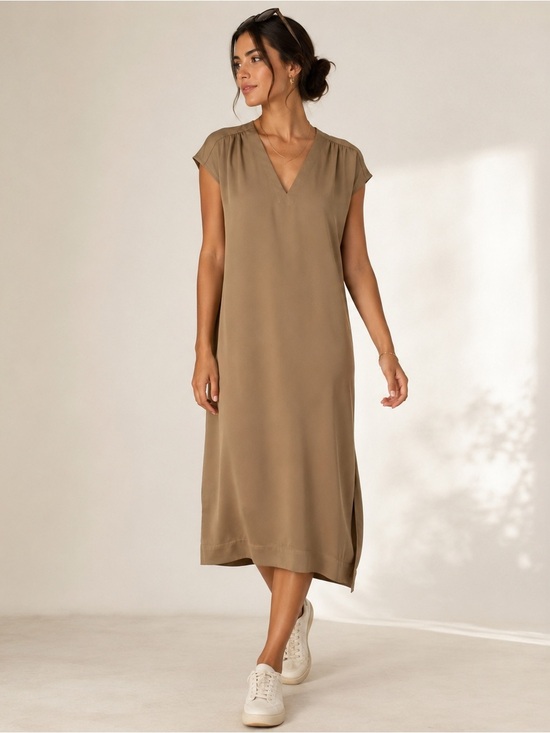 SSYS Dresses & Skirts - SSYS The Label | Light Mocha Midi Shift Dress V Neck Cap Sleeve Minimalist Small